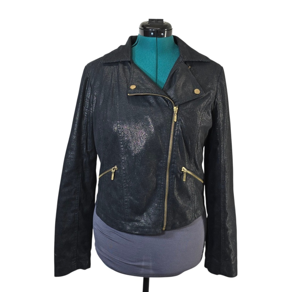 Rock & Republic Black‎ Faux Leather Shiny Motorcycle Jacket Men's Large